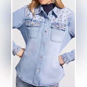 NWT Embellished Denim Shirt Tribal Rhinestones!
